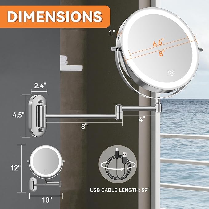 Auxmir 1X/20X Wall Mounted Makeup Mirror with Light, 8" Rechargeable Double-Sided Magnifying Mirror, Vanity Mirror Dimmable 3 Color Light, 360ยฐ Extension Rotation Foldable 14.5 Inch Arm, Chrome