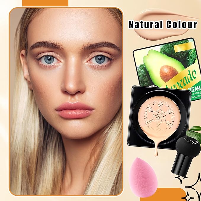 2Pcs Mushroom Head Air Cushion CC Cream Foundation Makeup,Moisturizing BB Cream Face Makeup Liquid Foundation,Long Lasting Full Coverage Concealer for All Skin Types(Natural)C