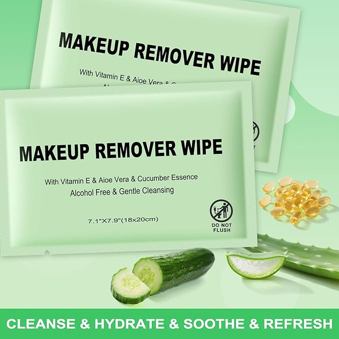 Makeup Remover Wipes Individually Wrapped, 60 Pcs Facial Cleansing Towelette Travel Size, Alcohol-Free, Gentle for Removing Makeup, Oil, Dirt