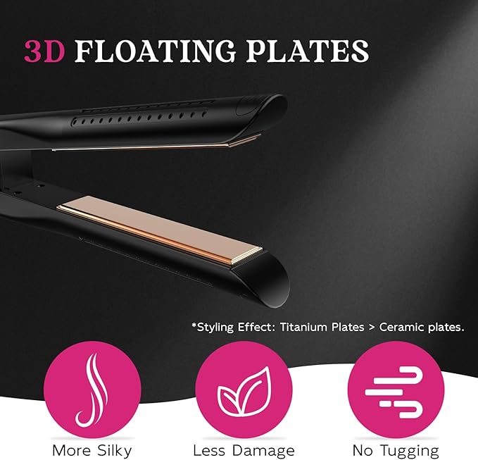 SKIMI Airflow Styler, Titanium Flat Iron Hair Straightener, Professional Curling Iron with Cooling Air Vents to Lock in Style, 5 Temps & Dual Voltage, Auto Off (Black & Rose Champagne).