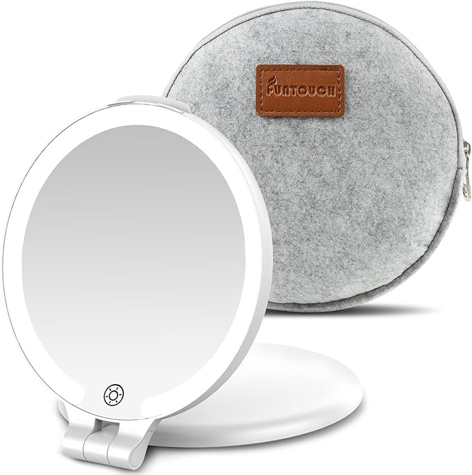 FUNTOUCH Travel Mirror with Lights and Magnification, 1X/10X Double Sided Makeup Vanity Mirror with 3 Color Setting, Christmas Birthday Gifts for Women Girls with Bag