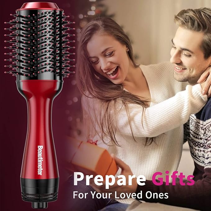 Beautimeter Blow Dryer Brush, Hot Air Brush One Step Hair Dryer and Styler Volumizer, 4 in 1 Negative Ionic Hair Styler with Oval Barrel for Smooth, Frizz-Free Hair Types, Red & Black