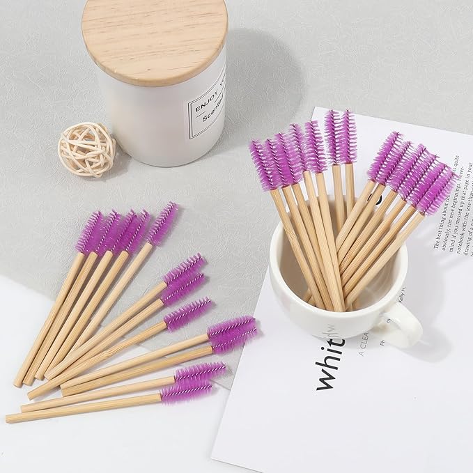 MyAoKuE-UP 100 Pack Bamboo Handle Mascara Wands Disposable Eyelash Brushes Eco-friendly Lash Extension Tool, Purple
