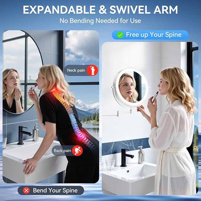 9'' 30X/1X Wall Mounted Lighted Makeup Mirror, 5000mAh Rechargeable Double-Sided Magnifying Mirror with Light, Vanity Mirror Touch Dimmable 3 Colors 360ยฐ Rotation Extended Foldable Arm, Power Adapter