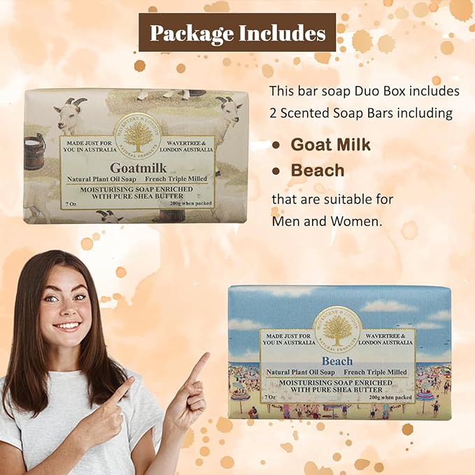 Wavertree & London Duo Gift Box (2 Bars) - 7oz Goats Milk and Beach Scented Moisturizing Triple Milled Natural Soap Bars - Pure Plant Oil Soap Bars for All Skin Types
