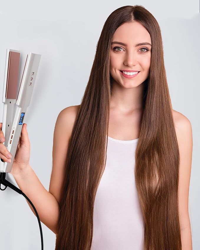 K&K Nano Hair Straighteners Wide Plates, Adavance Ceramic Coated Plates Digital Display Ultra-Fast Heat Up Auto Safety Shut Off Plancha De Pelo Dual Voltage UK Plug, for Thick Hair