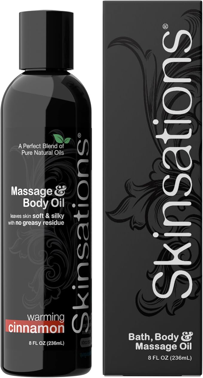 Warm Cinnamon Massage & Body Oil by Skinsations – Smooth, Lightweight Body Oil for Relaxation, Back Rubs & Soft, Hydrated Skin – 8oz