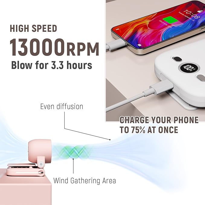 Mini Portable Handheld Clip On Rechargeable Personal Hand Fan with LED Display, High Speed Turbo Battery Operated 100 Speeds Small Fan for Travel/Outdoor/Concerts/Lash/Makeup (update pink)