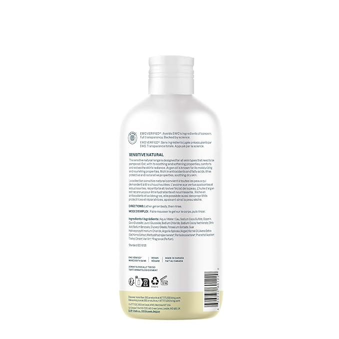 ATTITUDE Body Wash for Sensitive Skin with Oat and Argan Oil, EWG Verified, Dermatologically Tested, Vegan Personal Care, Vanilla Cream Scent 16 Fl Oz