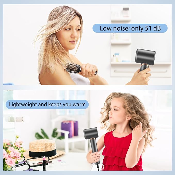 Hair Dryer Negative Ionic Blow Dryer for Fast Drying,Low Noise,Thermo Control Hair Dryer 2 Speed and 3 Heat Settings,Cold Air Button with 1 Diffuser 110000 RPM High Speed Brushless Motor Grey