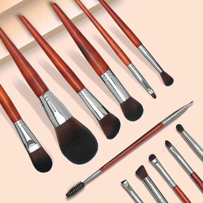 Makeup Brush Set 12pcs,Professional Premium Synthetic Powder Foundation Contour Blush Concealer Eyeshadow Blending Liner Make Up Brushes Kit(Redwood color B300)