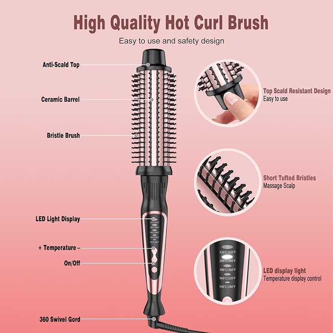 Thermal Brush, Heated Round Brush & Curling Iron with Ceramic Ionic Technology, Hair Tools for Volumizing & Styling, Travel-Friendly Hot Comb with Adjustable Temperature(Rose Gold 1.25 inch)