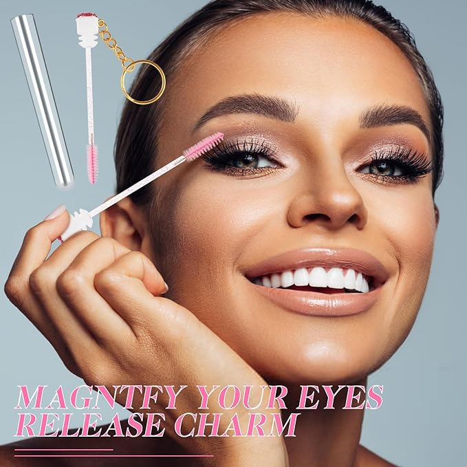 20pcs Mascara Wands Set Includes Crystal Eyelash Spoolies Eyebrow Brush and Reusable Diamond Key Chain Tube Eyelash Extension Supplies (Pink)