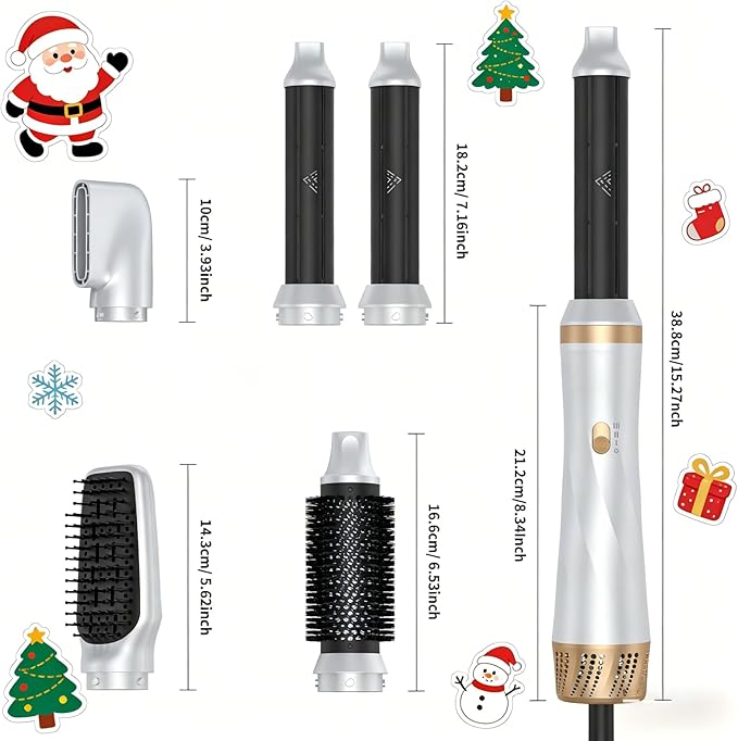 5 in 1 Blow Dryer Brush,110-120V Hair Dryer Brush, Fast Drying & 3 Adjustable Temperatures Hot-Air Hair Brushes, Detachable Hair Styler Set for Curling/Volumizing/Straightening/Styling (White Gold)