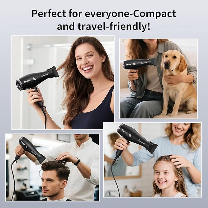 Salon Hair Dryer, Professional Blow Dryer AC Motor Fast Drying with 2 Speed, 3 Heat Setting, Cool Button, with Diffuser, Nozzle, Concentrator Comb for Curly & Straight Hair