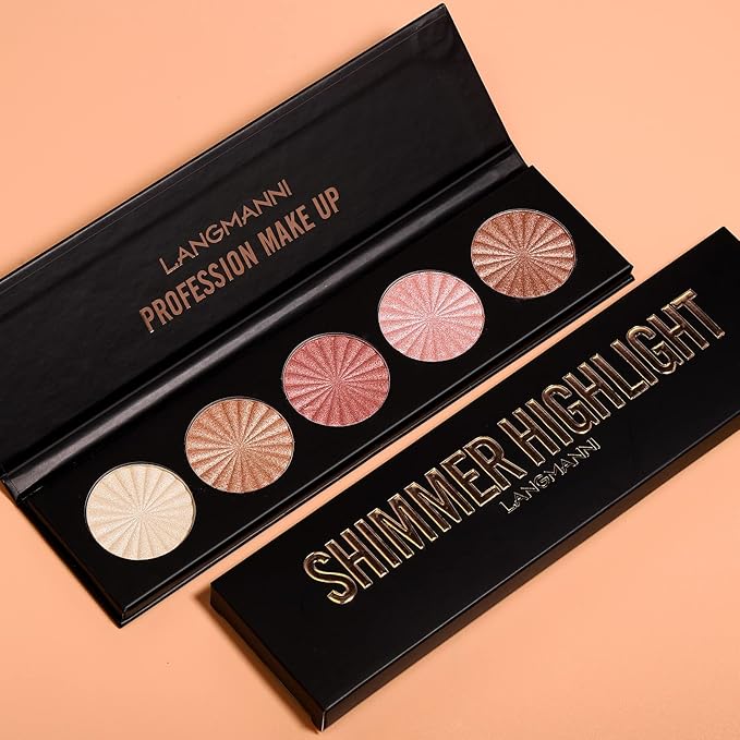 Highlighter Powder Palette, Makeup Palette Facial Bronzers Illuminator Palette Highlighter Baked Waterproof Long Lasting Brilliant Lighten Skin Color (5 Color, 1 Count (Pack of 1))