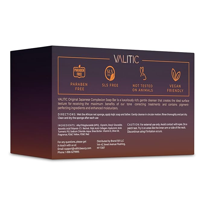 VALITIC Kojic Acid Dark Spot Remover Soap with Turmeric, Vitamin C, Retinol - Original Japanese Complex with Hyaluronic Acid, Vitamin E, Shea Butter, Castile Olive Oil - 2 Pack and African Net Sponge