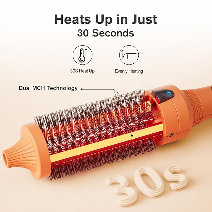 K&K Thermal Brush, 1.5 Inch Heated Round Comb, Professional Heated Curling Ceramic Tourmaline Ionic Curling Iron, Hot Styling Volumizing Brush, Dual Voltage, Orange