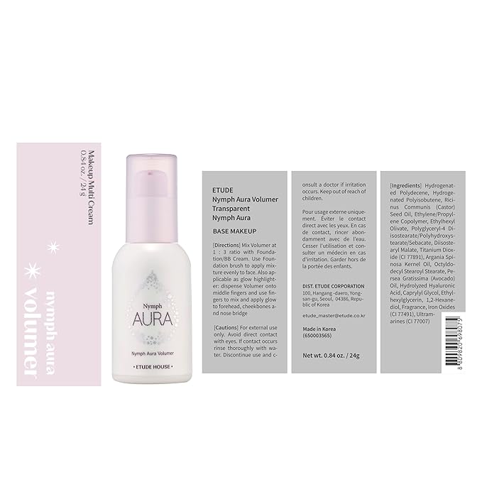 ETUDE Nymph Aura Volumer/Shiny Skin Makeup Base, Water Light Skin, Moisturizing, Highlights, Transparency, 0.8 oz (24 g), clear