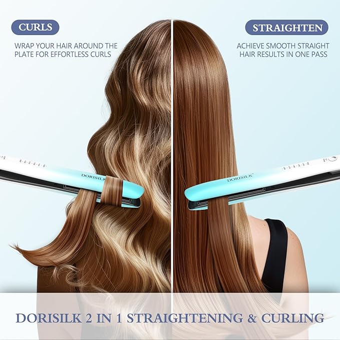 DORISILK Dual Voltage Flat Iron 1 Inch, Ceramic Hair Straightener and Curler 2 in 1, 450β Straightening Iron for Thin Thick Hair, Frizz-Free Smooth Tech 30s Fast Heat Gift for Women Girls, Blue White
