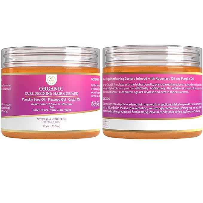 Curls Defining & Styling Custard Gel, Enhances Curls Definition & Long-Lasting Hold. With Flaxseed, Pumpkin Seed & Rosemary. Natural Hair Styling, 12 fl oz