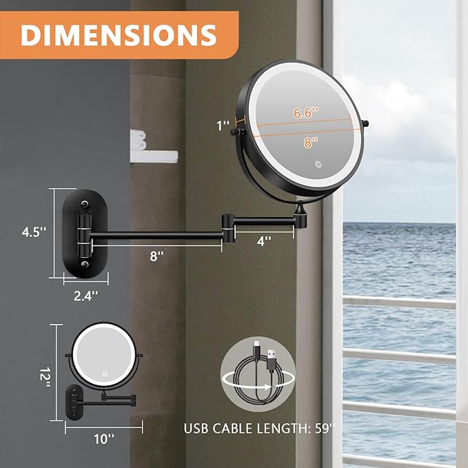 Auxmir 8'' Wall Mounted Lighted Makeup Mirror, 3200mAh Rechargeable Double-Sided 1X/20X Magnifying Mirror with Light, Touch Dimmable 3 Color Light, 360ยฐ Rotation Foldable Extended Arm, Black