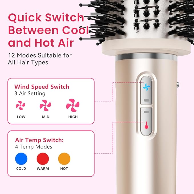 3 in 1 Hot Air Styler - Professional Hair Dryer Brush with No Heat Damage, High-Speed Negative Ionic Hair Dryer, Frizz-Free Blow Dryer Brush for Drying Volumizing Straightening (Glod)