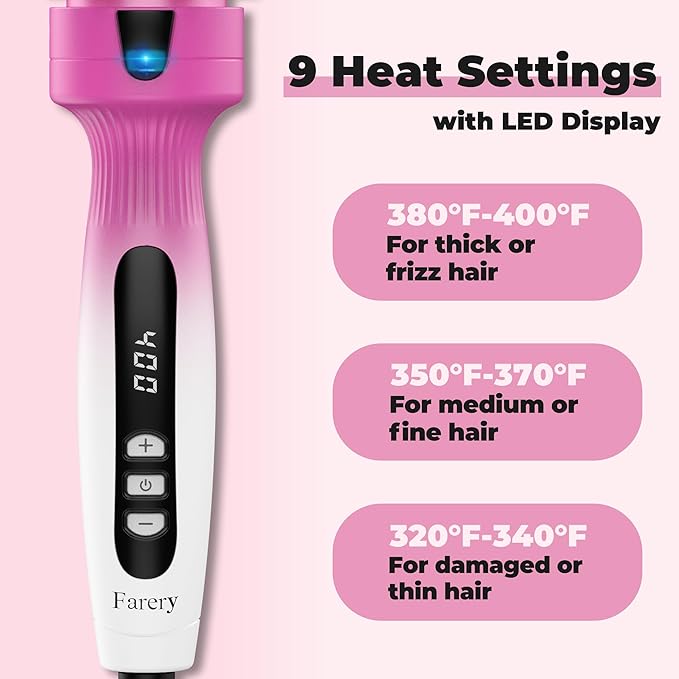 1.5-Inch Thermal Brush - Ceramic Ionic Heated Round Brush for 90's Full-Bodied Style, Volumizing, Smooth Hair & Natural Curls, Dual MCH Heating, Digital Display, 9 Temperature, Dual Voltage