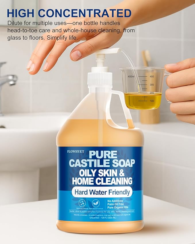 Pure Castile Soap Liquid Unscented 1 Gallon(128 floz) Refill,Organic Body Wash Bath Soap Castile Liquid,Hard Water Oily Skin Friendly for Body, Face, Hand,Dishes,Home Cleaner Fragrance Free