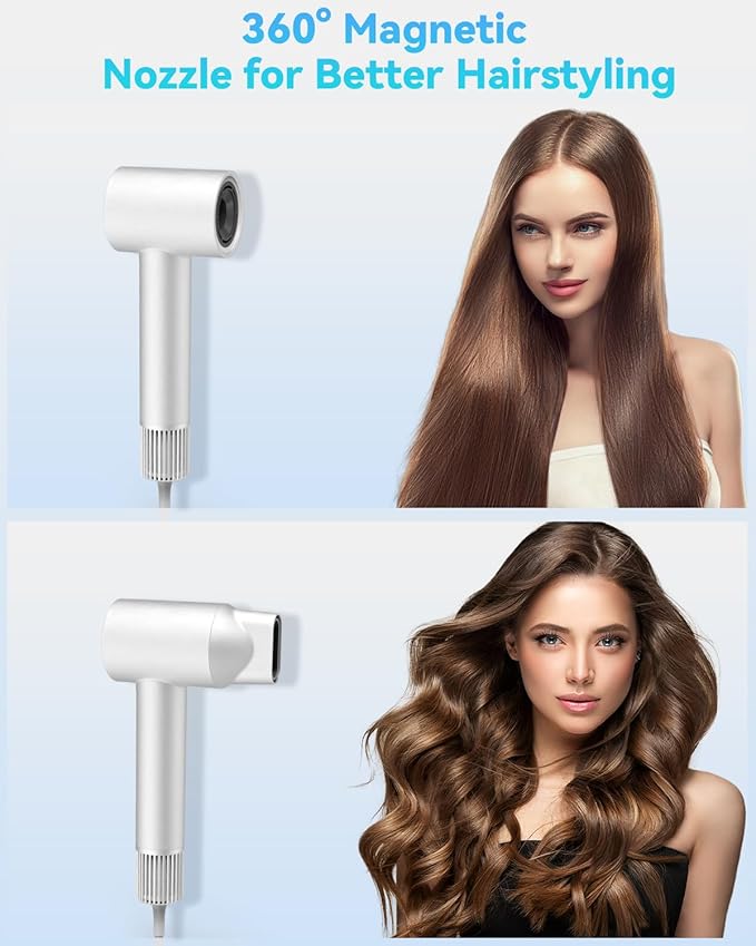Hair Dryers for Women, 110000 RPM High Speed Blow Dryer, 200 Millions Negative Ionic Hair Dryer, 1600W Quiet Hairdryer for Travel, Hair Dryer with Nozzle, 4 Temp & 3 Speed Setting, White