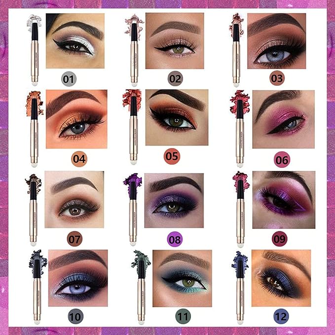 2 in 1 eyeshadow stick and Sponge Makeup Brush, Smooth Cream Shimmer Shadow Pencil Long Lasting Waterproof Eye Shadow Highlighter Stick Makeup, Hypoallergenic Multi-Dimensional eyes Look