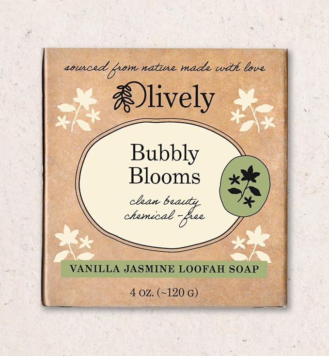 Olively Bubbly Blooms Vanilla Jasmine Loofah Soap, Natural Exfoliating Bath Bar, 4 oz