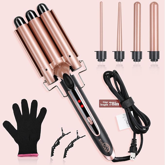 5-in-1 Curling Iron Set, Curling Wand with 3 Barrel Hair Crimper Iron and Interchangeable 4 Curling Irons, Dual Voltage Hair Waver with 2-LED Temp Control for All Hair Types, Glove & 2 Clips
