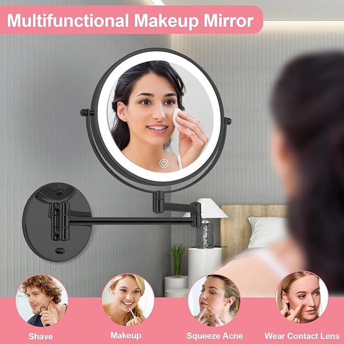 Rechargeable 8” Wall Mounted Makeup Mirror with Lights, 1X/10X Double-Sided, 2000mAh Battery, 3-Color Touch Control LED, Foldable Extendable Arm, Lighted Bathroom Vanity Mirror – Black