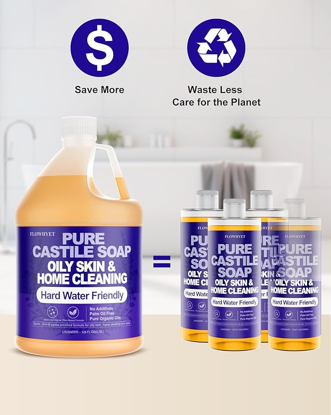 Pure Castile Soap Liquid Lavender 1 Gallon (128 fl oz) Refill – Natural Organic Body Wash, Hard Water Friendly Bath Soap Liquid for Oily Skin,Body,Face, Laundry & Home Cleaning