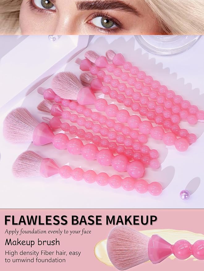 COSHINE Unique Diamond and Pearl Design Makeup Brush Set, 10pcs Cute and Full Complete Powder, Concealer, Blush, Eye Shadow Cosmetic Brushes Kit (PINK)