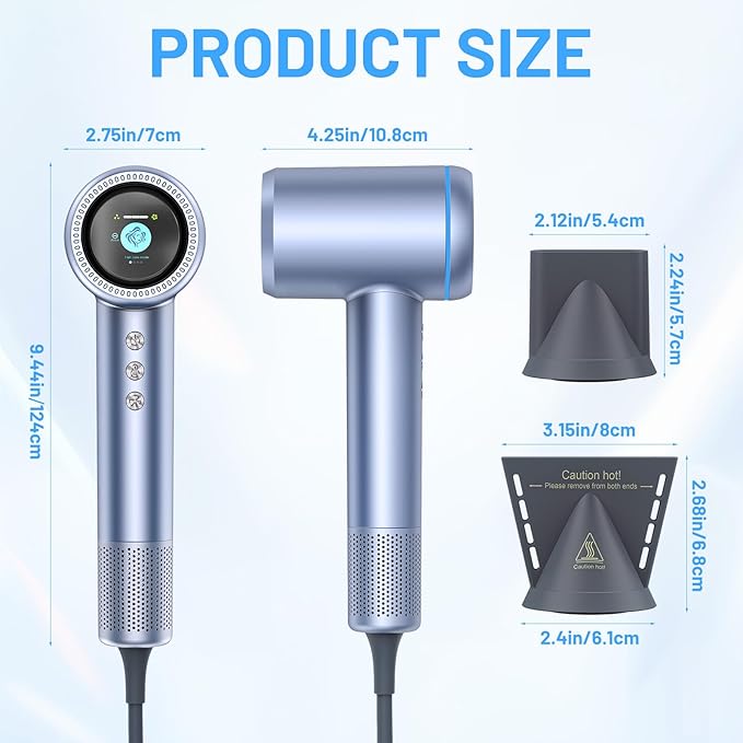 AOMEES Hair Dryer, 1600W Professional High Speed Ionic Hair Dryer with HD Display, 4 Temperature Modes and 3 Speed with Memory Function, Sky Blue, Metal