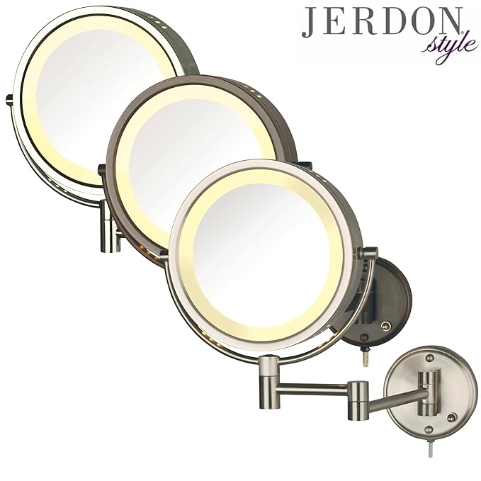 JERDON Two-Sided Wall-Mounted Makeup Mirror with Lights - Lighted Makeup Mirror with 8X Magnification & Wall-Mount Arm - 8.5-inch Diameter Mirror with Bronze Finish Wall Mount - Model HL75BZ