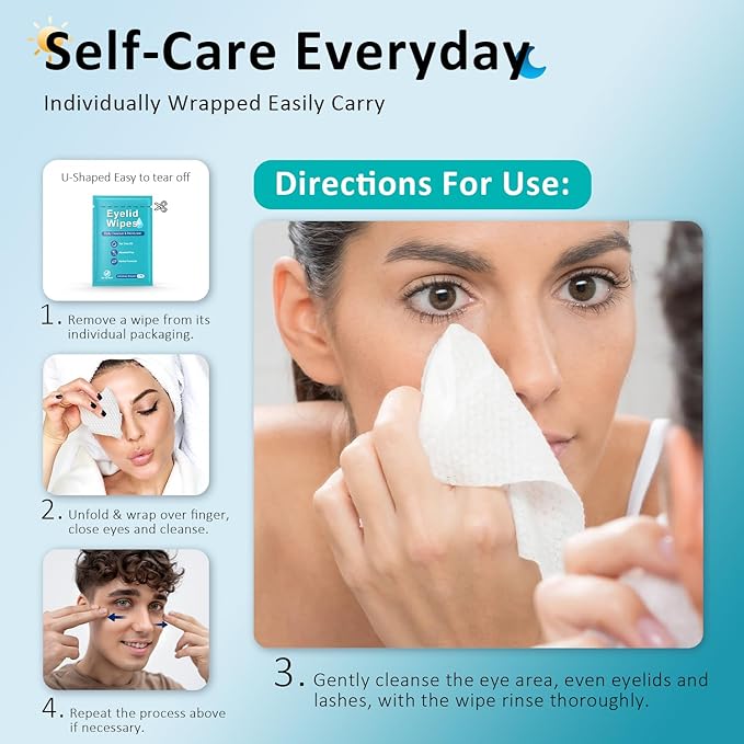30PCS Eyelid Cleansing Wipes for Itchy & Dry Eyes, Saline Based Eye Wet Wipe with Tea Tree Oil, Daily Eye Cloths for Styes & Blepharitis, Moisture & Soothes Cleansing Wipes For Sensitive Eyes