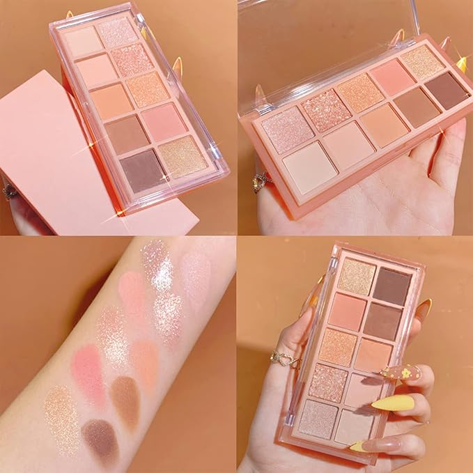 Erinde 10 Colors Eyeshadow Palette Makeup - Matte Shimmer Glitter Eye Shadow, Ultra-Blendable, High Pigmented, Naturing-Looking, Neutral Nude Eyeshadow Pallet with Professional Brush, Peach Color