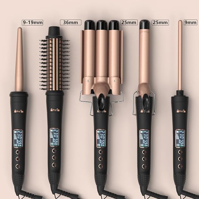 5 in 1 Curling Iron Set with 3 Barrel Hair Crimper, Curling Comb, and 3 Interchangeable Ceramic Curling Wand, Fast Heating Hair Curler, Adjustable Temp Settings