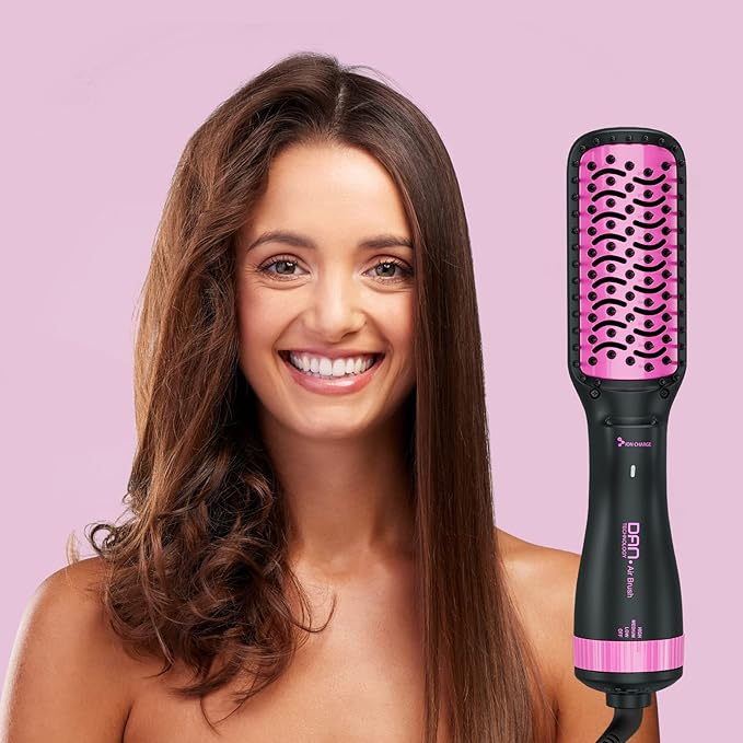 Negative Ion 3-in-1 Hair Styling Brush: 2-inch Blow Dryer, Straightener, and Paddle Brush with Anti-Scald & ALCI Safety Plug