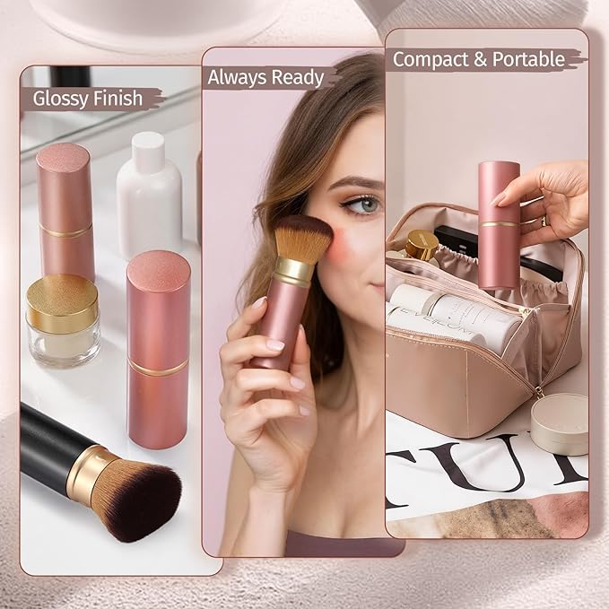 Retractable Kabuki Makeup Brush - Portable Travel Face Brush with Cover, Soft Synthetic Bristles for Blush, Bronzer, Powder, Foundation & Sunscreen, Flawless Application On-the-Go (Rose gold)