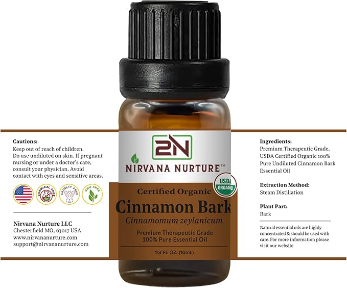 Cinnamon Bark Essential Oil USDA Certified Organic, 100% Pure Natural Premium Grade, Undiluted