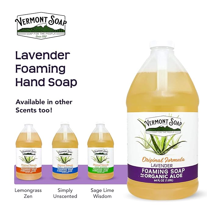 VERMONT SOAP Organic Lavender Foaming Hand Soap - Natural Moisturizing Soap for Dry Skin - Fragrance Free Liquid Bathroom Hand Soap - Lavender- 64 oz