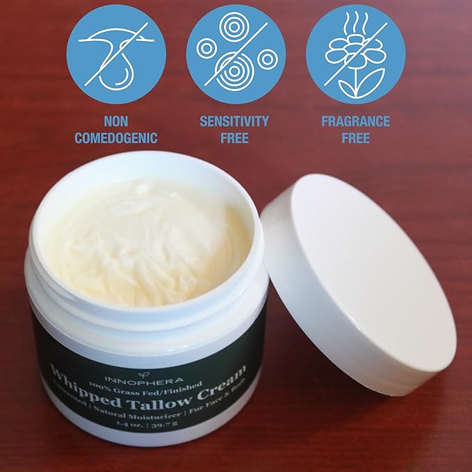Whipped Beef Tallow Cream for Skin Care ‒ Grass Fed & Grass Finished ‒ 100% Natural Moisturizer for Sensitive Skin ‒ Handmade Face & Body Lotion ‒ Unscented & Odorless ‒ 1.4 oz.