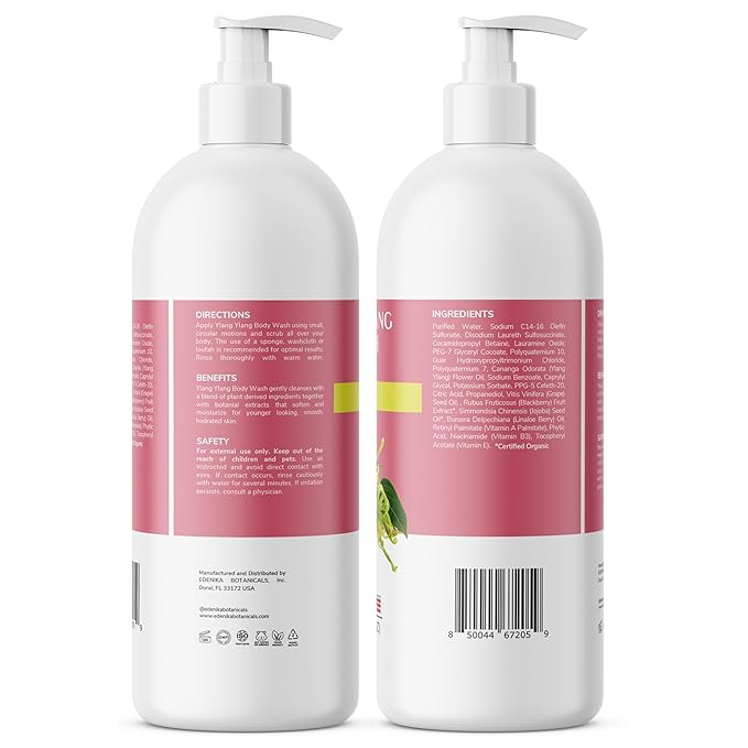 Ylang Ylang Body Wash, Cleanses, Nourishes & Hydrates, Gentle Shower Gel for Dry and Sensitive Skin, Women & Men, Organic & Natural, 16 fl oz
