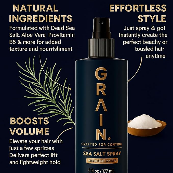 Grain Sea Salt Spray for Men | Texturizing and Volumizing Sea Salt Spray for Hair | Lightweight Volume Mist | Natural Texture | Flexible Hold | Unique Product Formula For all Hair Types | 6floz/177mL