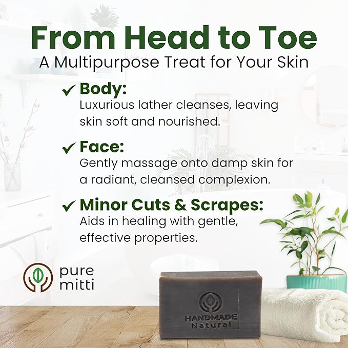 Neem Face, Body Bar Soap 4.5 oz, 3 Pack | Ayurvedic Exfoliating, Cleansing Bar with Coconut Oil, Castor Oil | Gentle Bath Soaps for Face Wash, Body Wash | Soft Soap for Daily Use, All Skins