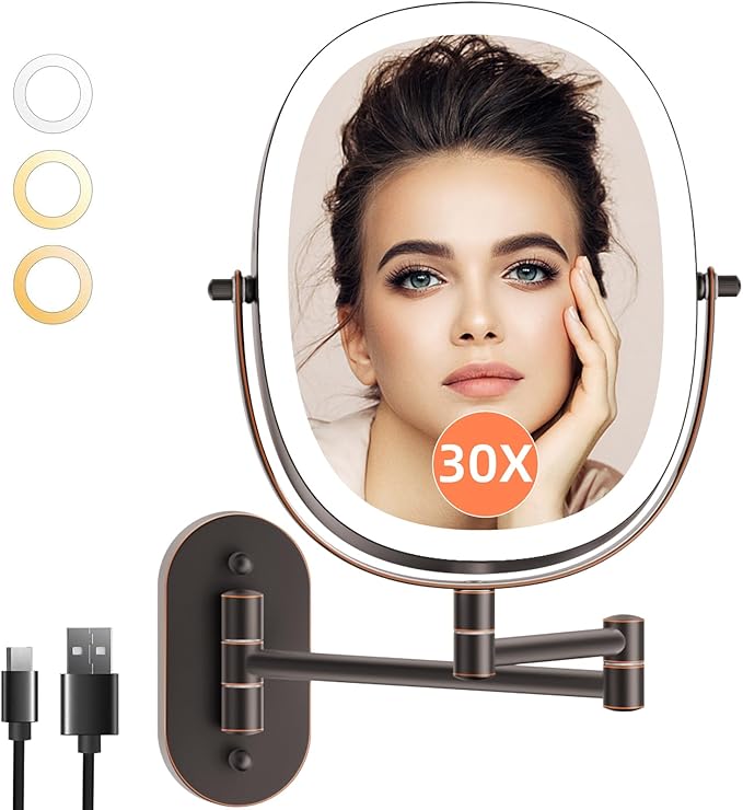 FUNTOUCH 30X/1X Wall Mounted Lighted Makeup Mirror, 5000mAh Rechargeable Double Sided Magnifying Bathroom Mirror, 3 Color Modes Touch Dimmable Extended Arm 360 Rotation, Antique Bronze